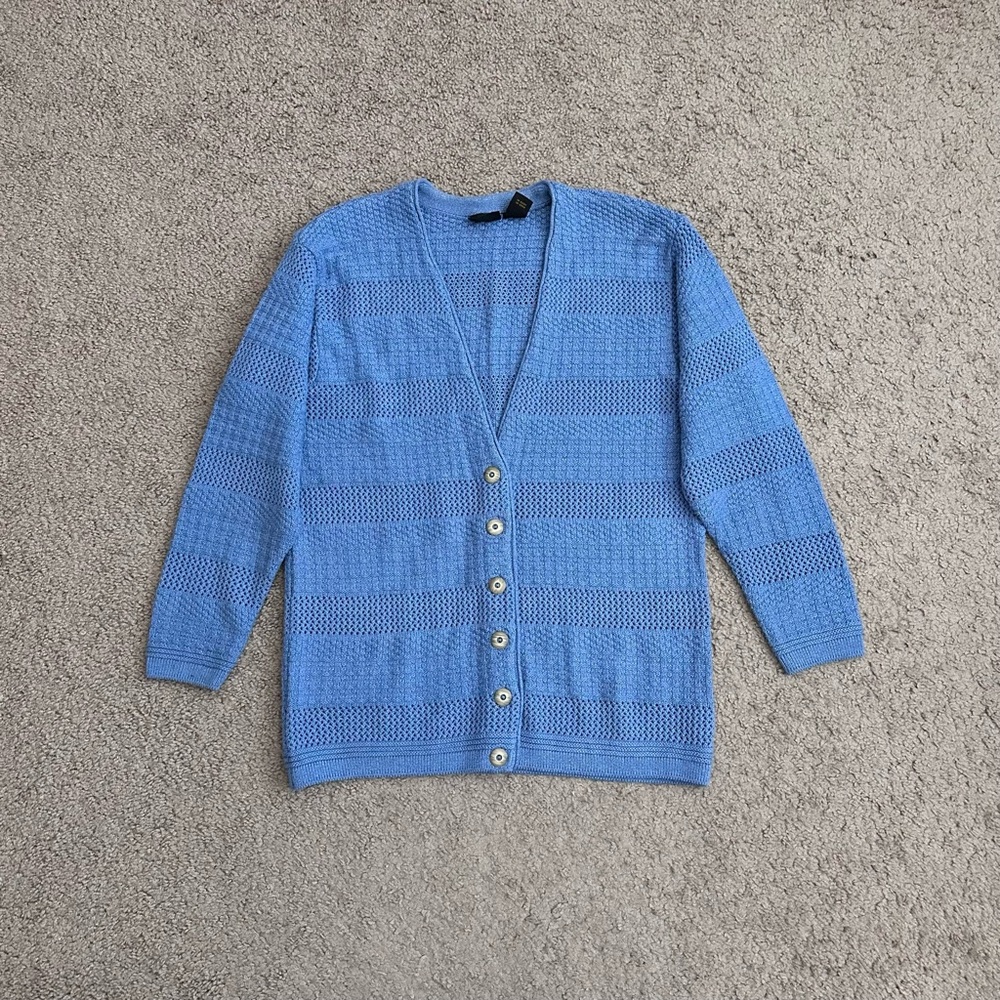 Lizsport Blue Open-Knit Button Front V Neck Womens Sweater Cardigan S